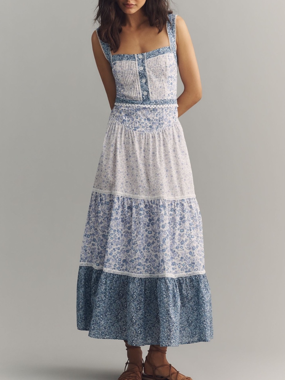 Anthropologie Printed Pintuck Sleeveless Dress Smocked New XS White Blue Floral